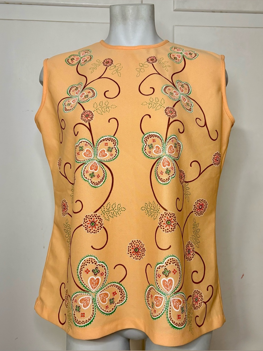 Vintage 70s Land N Sea Orange Floral Graphic Knit Polyester Sleeveless Shell Top